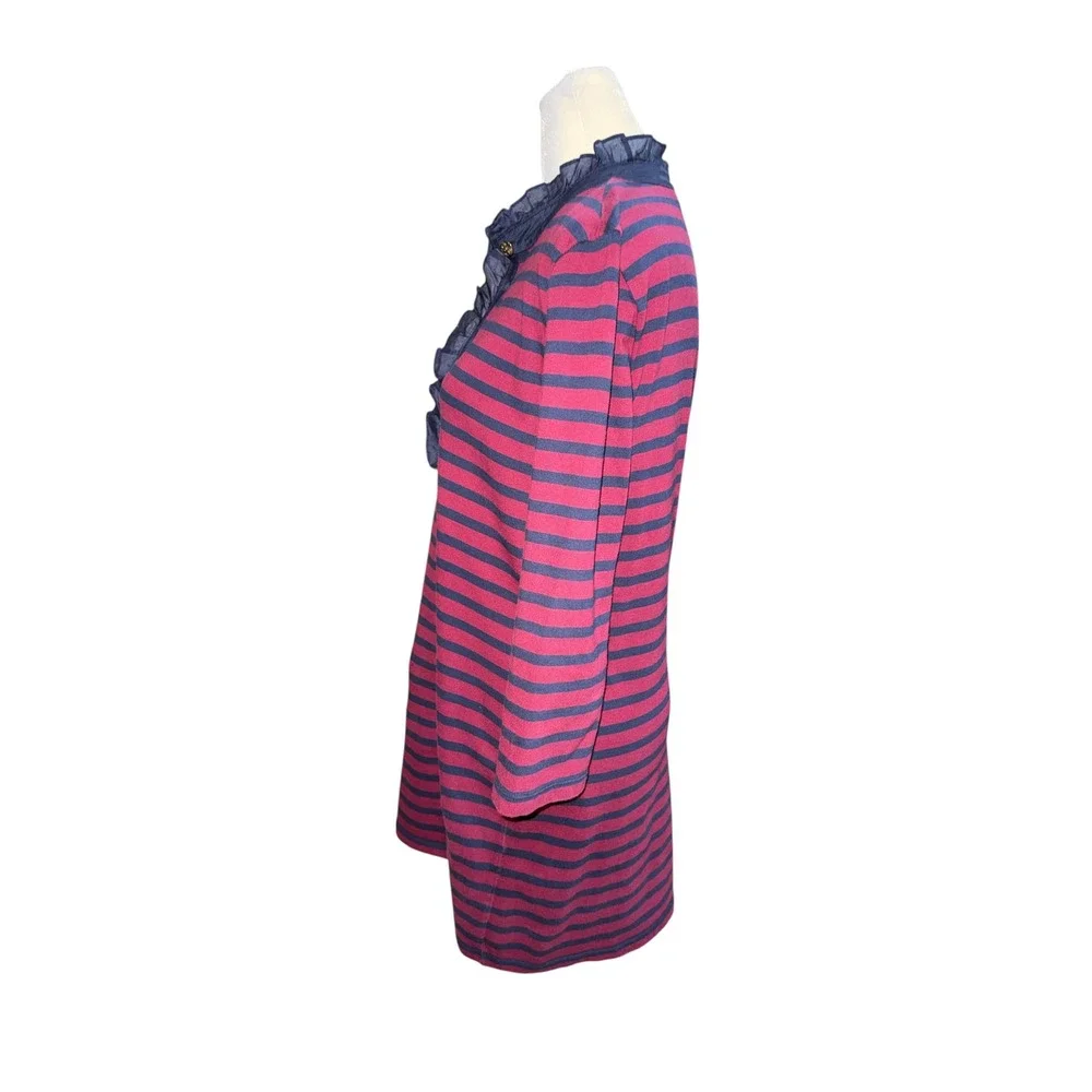 Tory Burch Striped Ruffle Collar T-Shirt Dress Burgundy Navy Blue Cotton Medium